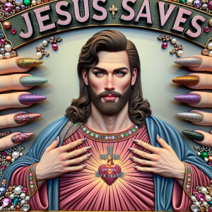 A 3D realistic artwork featuring the phrase 'Jesus Saves' adorne...