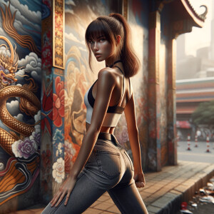 Athletic Thin skinny Attractive, Asian teenage girl, long brown hair and bangs, wearing tight skinny jeans and a halter top paint marks on her clothing, heroic pose Asian graffiti background, backside view