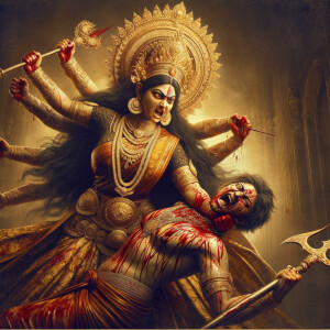 portrait of angry looking goddess durga pinning a weak mahishasur to the ground and stabbing him with her amazingly designed trident. She is wearing gold armor, a huge gold crown, gold saree, abundant  gold jewelry, covered in blood. The scene is set in ancient India. The image is 8K resolution, photography, cinematic, ultra detailed face and epic