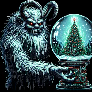 Krampus holds a snow globe in his hand, with a Christmas tree ca...