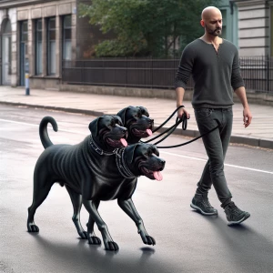 Photorealistic image of a cute black 3 headed dog being walked b...