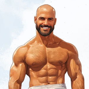 White muscular thin man with beard, big chin, smile and cheekbon...