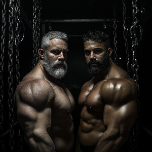 Two bodybuilders, one with gray hair and the other with black ha...