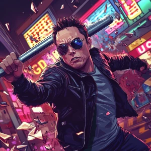 Elon Musk in GTA art style - wearing sunglasses and a leather ja...