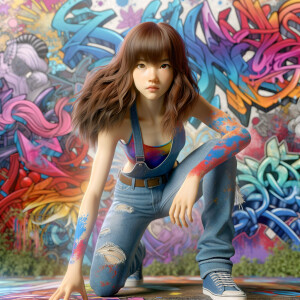 teenage girl, long brown hair and bangs, wearing tight skinny jeans and a halter top paint marks on her clothing, heroic pose Asian graffiti background, nearing on one knee