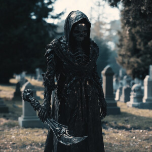 Alien reaper collects souls from a cemetery