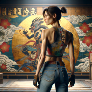 Athletic Thin skinny Attractive, Asian teenage girl, long brown hair and bangs, wearing tight skinny jeans and a halter top paint marks on her clothing, heroic pose Asian graffiti background, backside view