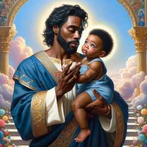 Classical oil painting style depicting an African-American Jesus...