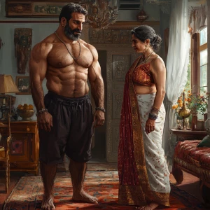 Digital art,a muscular sweaty  employ standing and welcomes  a 5...