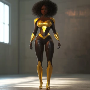 Capture a wide camera angle of a superheroine standing in an emp...