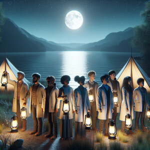 A group of young researchers with lanterns stand near the lake i...