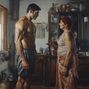 hyperrealistic painting, an intensely muscular, perspiring man e...