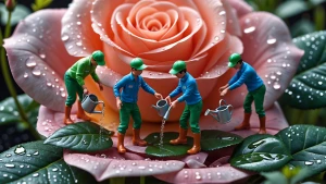 Miniature gardener characters in specific brightly colored garde...
