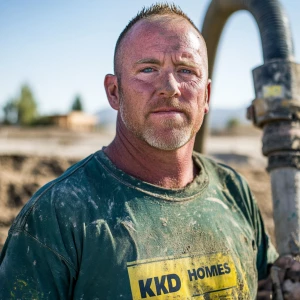 Brian Nobles a real 39 year old Caucasian male who is using  a concrete mixer, he is a  pump operator holding the hose which carries the liquid concrete to the foundation pour, Brian is slowly  beginning his transition into middle age, Brian Nobles is beginning to look like a older middle aged man, he has large reflective blue eyes and a wrinkled brow,Brian has a beard greying balding , prominent large protruding round fat obese belly,,thick greying goatee beard,decreased muscle mass ,very noticeable male pattern balding hairline, Brian Nobles now has a  prominent receding and thinning male hairline (onset male pattern baldness), slightly fat overweight(Caucasian)wearing tight body conforming  glossy satin shiny green and gold tight fitting body conforming UnderArmour athletic bodysuit,emblazoned with the "KD HOMES" real estate logo, standing confidently in front of a newly completed constructed new KD HOME in Victorville California in a raw desert landscape. Brian has a protruding fat obese muscular physique, large male bulge, fat obese muscular frame , shows a substantial frame with a noticeable mature hairline and expressive eyes. His workman’s  pose should reflect his experience in his trade.