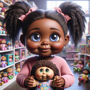 Create a 3-D realistic African-American little girl with huge blue eyes and long ponytails She is playing in her Favorite toy store with her favorite cabbage patch doll the cabbage patch now resembles her. It has very deep, dimples and Freckles