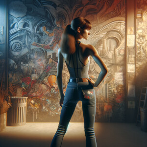 Athletic Thin skinny Attractive, Asian teenage girl, long brown hair and bangs, wearing tight skinny jeans and a halter top paint marks on her clothing, heroic pose Asian graffiti background, backside view