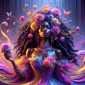 Remix Prompt
S/O Jackie Torres
S/O Panda Locke

create a animated style hyper realistic airbrush whimsical oil painting of a light African American woman wearing a flawless beautiful purple, pink, and gold blossom dress long flowing with colorful flowers and ruffles on the dress colorful jewelry made of flowers she has long black dreadlocks in a bun a colorful rose in her hair her peep toe shoes is matching her dress behind her is a beautiful waterfall liquid glowing lights beautiful colorful rainbow surrounded by beautiful roses.