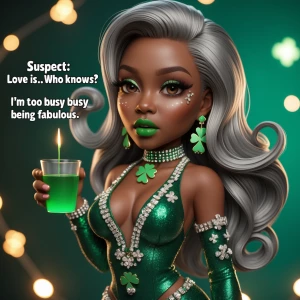 A chibi-style melanin rich skin tone African American character with a glammed-up look. The character is holding a cup of green liquid and shrugging. The quote says, "Suspect: Love is... who knows? I'm too busy being fabulous." The character has long, shiny hair styled in soft waves and is dressed in an ultra-glam green outfit with clovers, rhinestones, and sparkles. The character's face has a defined nose and full lips. The background features a festive touch with glitter, shamrocks, and soft glowing lights, creating a chic and vibrant vibe.