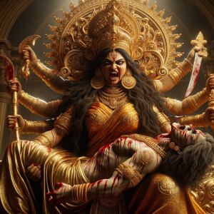 portrait of angry looking goddess durga sitting on a gold crown and carrying a weak mahishasur on her lap and stabbing him with her amazingly long fingernails. She is wearing gold armor, a huge gold crown, gold saree, abundant  gold jewelry, covered in blood. The scene is set in ancient India. The image is 8K resolution, photography, cinematic, ultra detailed face and epic