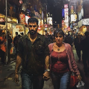 Realistic painting,a muscular sweaty criminal walking with his m...