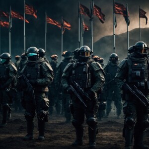 Generate a picture of 5 Muslim army generals with their backs sh...