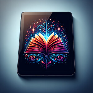 A logo with a book on a tablet screen. Colorful enchanted