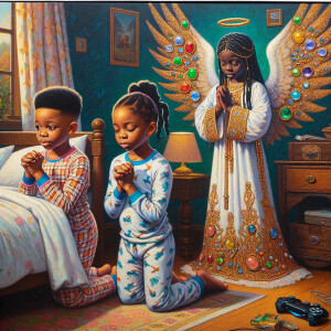 An oil painting of two African-American children with dark skin,...