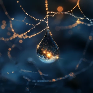 "A hyper-realistic close-up of a single drop of morning dew on a...