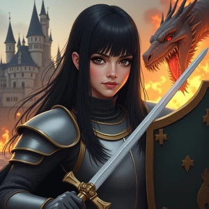 Design an image featuring a stoic female knight in medieval armor, posing heroically with a sword, against a backdrop of a fire-breathing dragon and a majestic castle. She has long, straight black hair with bangs, dark expressive eyes emphasized by eyeliner and eyeshadow, and arched, well-defined eyebrows. Her fair to medium skin tone is complemented by a warm, friendly smile with dimpled cheeks, a straight, well-proportioned nose, and full lips. The knight brandishes a shield, defending against the dragon's fiery onslaught, embodying the essence of a brave warrior engaged in battle.