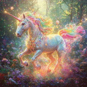 A luminously sparkling unicorn with rainbow mane and tail prance...