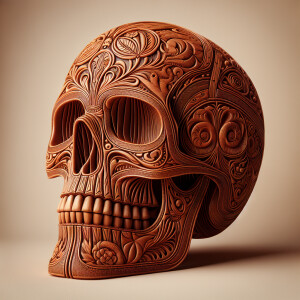 A skull made out of leather with details, tooled with designs, n...
