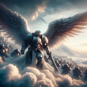 Angel armies in the clouds in full armour