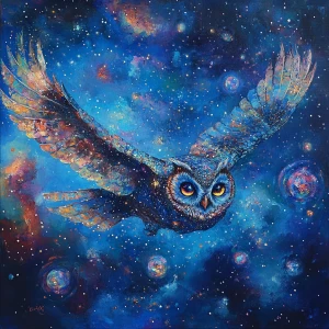 An ethereal owl soaring through a vast starry sky, its wings dis...