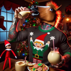 A photo of a Caucasian male with a horse head mask and tattoos w...