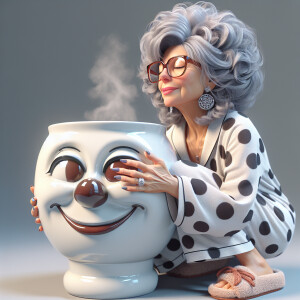 3d realistic image of a 60s grandma with tousled grey hair and b...