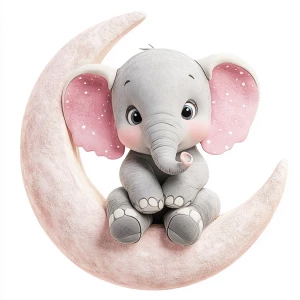 A cute, cartoon elephant sits on a stylized, rosy-pink crescent moon. The elephant is light gray with large, round, pink-spotted ears.  Its body is round and its trunk is curled gently upward.  The elephant's eyes are large and round, and its facial expression is happy and friendly. The elephant's legs and feet are visible, and its posture is relaxed, sitting. The moon is a soft, shaded pink, with watercolor-like texture and subtle shading. The background is white. The image is in a child-friendly style, showcasing delicate line work and color palettes. The composition is centered on the elephant, which is positioned on the moon. The overall style is sweet, whimsical, and reminiscent of children's book illustrations.  The colors are pastel and soothing, creating a gentle atmosphere.  Small, white polka dots accentuate the elephant's ears and trunk, enhancing the adorable aesthetic.