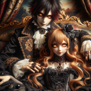 Lilith as a girl with elegant gothic lolita dress sit on the lap of handsome lucifer, the girl has red hair and golden eyes, thrones, blackand red elegant luxury background, Lucifer evil smirk, The girl fierce look, Obsession and Ownership sign