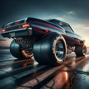 A 76 Chevy Nova SS funny car, dramatically angled with its rear...