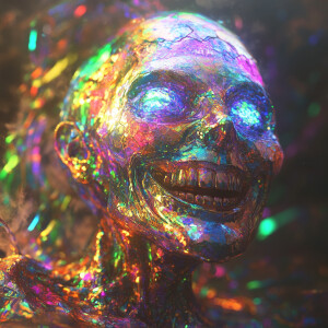 An ethereal humanoid figure adorned in a shimmering rainbow of c...