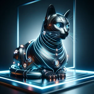 A sleek, futuristic cat with glowing lines along its body, sitting on a smooth, metallic platform