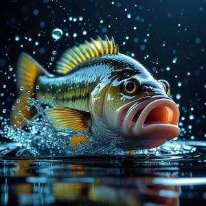 hyper realistic image of a macro lens photography of a bass, spl...