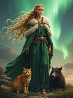 Generate an image of Freyja, the Norse goddess, with flowing gol...
