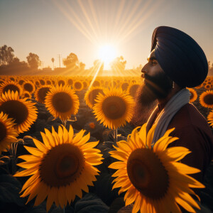 A sikh turban man standing alone in sunflower fields