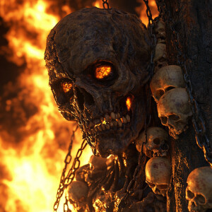 A grotesque zombie, with decaying skin and skulls protruding fro...