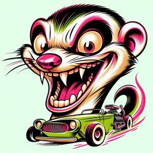 Ferret with bulging eyes in a rat fink style