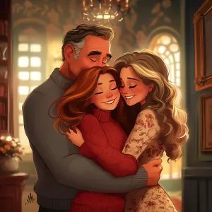A heartwarming and highly detailed scene of 3 people hugging, a...