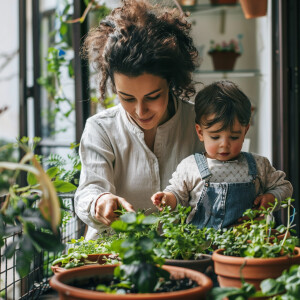 A modern young brown mother having a small herb garden with her...