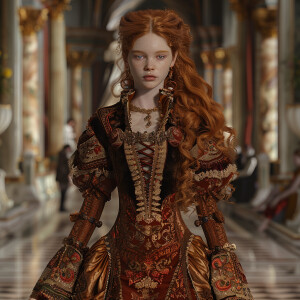 Create a photorealistic image of a light ginger-haired model wal...