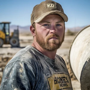 Brian Nobles a real 28 year old Caucasian male who is using  a concrete mixer, he is a  pump operator holding the hose which carries the liquid concrete to the foundation pour, Brian is slowly  beginning his transition into adult maturity , Brian Nobles is beginning to look like a grown man, he has large reflective blue eyes and a wrinkled brow,Brian is now balding , prominent large protruding round fat obese belly,,thick greying goatee beard, healthy muscle mass ,very noticeable male pattern balding hairline, Brian Nobles now has a  prominent receding and thinning male hairline (onset male pattern baldness), slightly fat overweight(Caucasian)wearing tight body conforming  glossy satin shiny green and gold tight fitting body conforming UnderArmour athletic bodysuit,emblazoned with the "KD HOMES" real estate logo, standing confidently in front of a newly completed constructed new KD HOME in Victorville California in a raw desert landscape. Brian has a protruding fat obese muscular physique, large male bulge, fat obese muscular frame , shows a substantial frame with a noticeable mature hairline and expressive eyes. His workman’s  pose should reflect his experience in his trade.