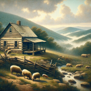 Realist image of a 1800 cabin in the tennesse catskil mountains,...